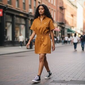NIKE Sportswear Size Small SWOOSH Logo Woven Dress Desert Ochre Curry